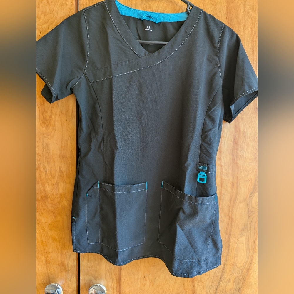 Carhartt Black V-Neck Scrub Top with Teal Trim